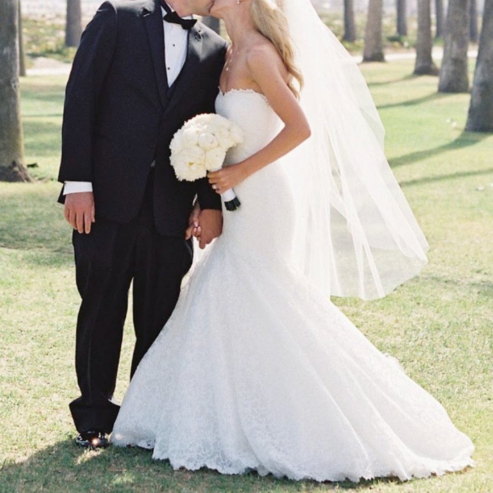 Romona Keveza Crystal Lace Strapless Ivory Wedding Dress with Train